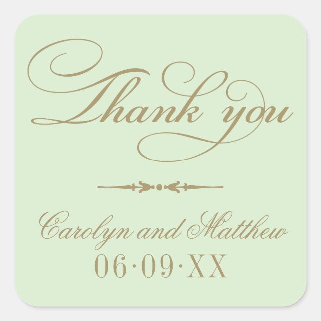 Elegant Green Gold Thank You Monogram Square Sticker (Front)