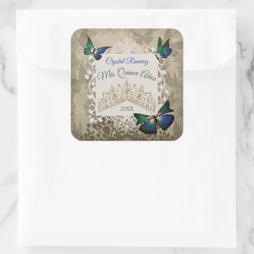 Elegant Green Gold Tiara Party Favor Quinceanera  Square Sticker