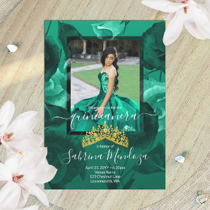 Elegant Green, Gold Tiara Quinceanera Invitation