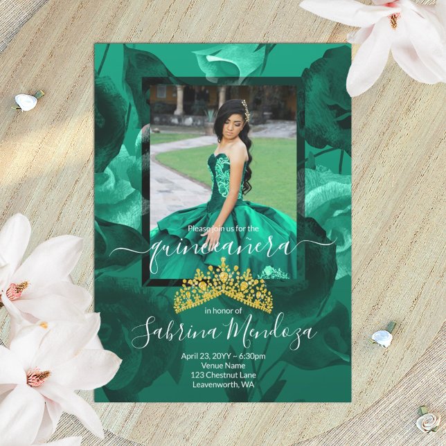 Elegant Green, Gold Tiara Quinceanera Invitation (teal green rose quinceanera invitation with gold tiara)