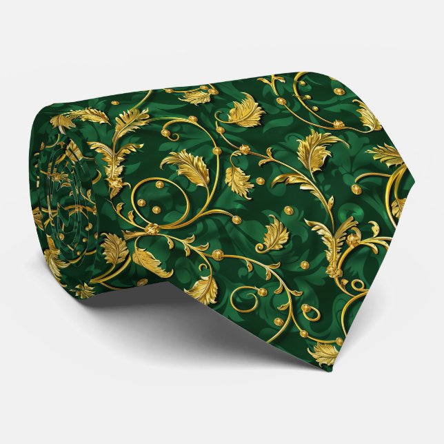 Elegant green gold tiled pattern  neck tie (Rolled)