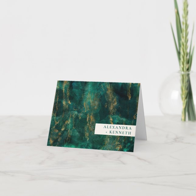 Elegant Green Gold Watercolor Personalized Name Thank You Card (Front)