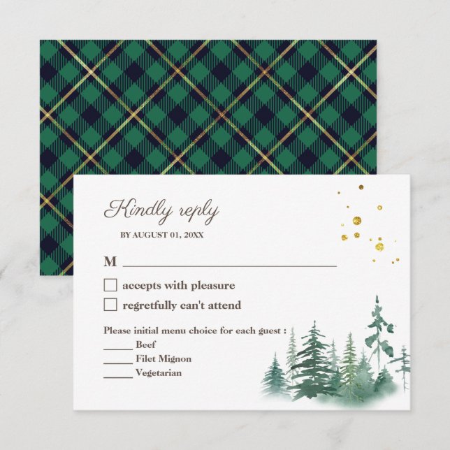 Elegant Green Gold Watercolor Tree Wedding RSVP (Front/Back)