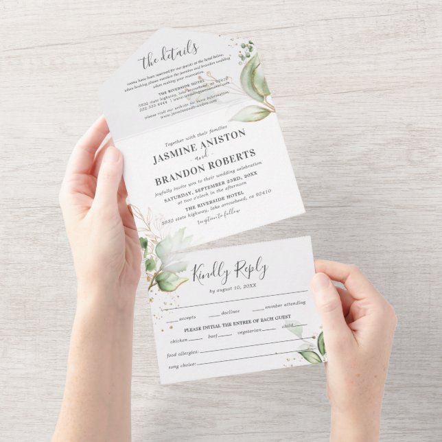 Elegant Green & Gold Wedding All In One Invitation (Tearaway)