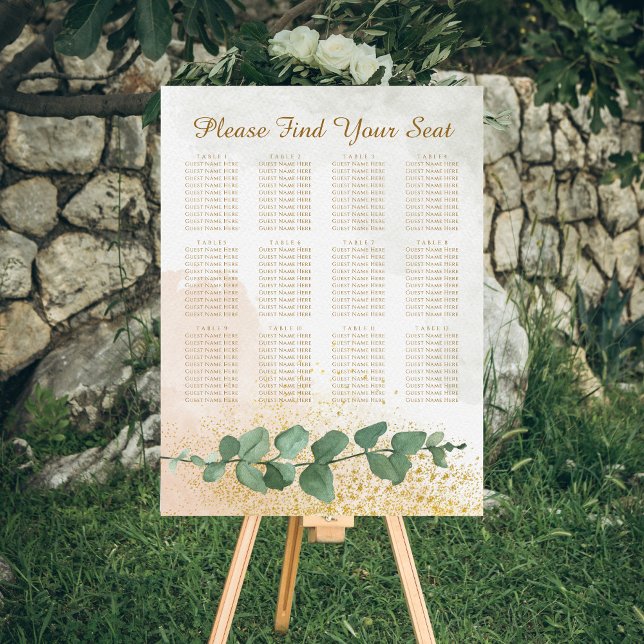 Elegant Green & Gold Wedding Seating Chart Foam Board (Elegant Green & Gold Photo Wedding Seating Chart (12 Tables))