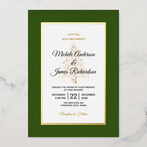 Elegant Green Gold Winter Holiday Wedding Foil Invitation