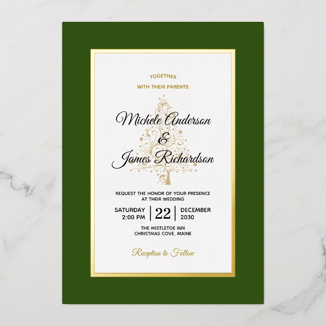 Elegant Green Gold Winter Holiday Wedding Foil Invitation (Front)