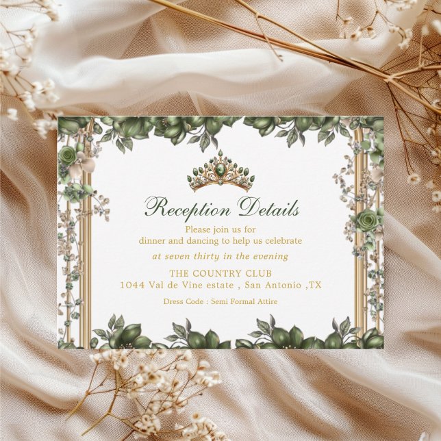 Elegant Green Golden Tiara Floral Quinceañera Enclosure Card (Creator Uploaded)