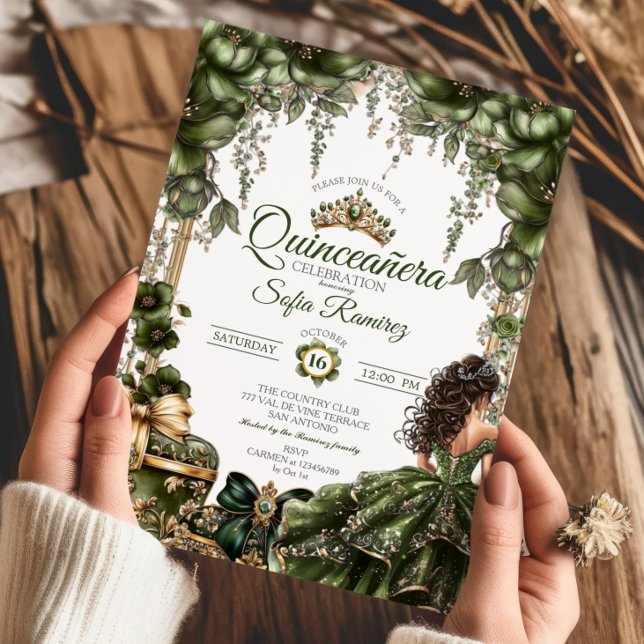 Elegant Green Golden Tiara Floral  Quinceañera Invitation (Creator Uploaded)
