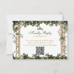 Elegant Green Golden Tiara Floral Quinceañera RSVP Card