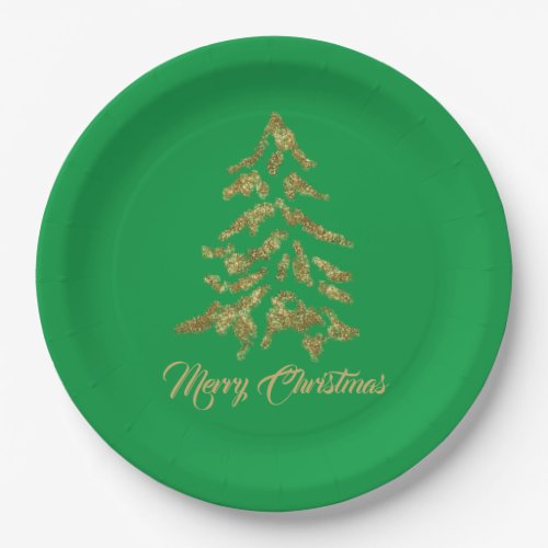 Elegant Green Golden Tree Merry Christmas   Paper Plates