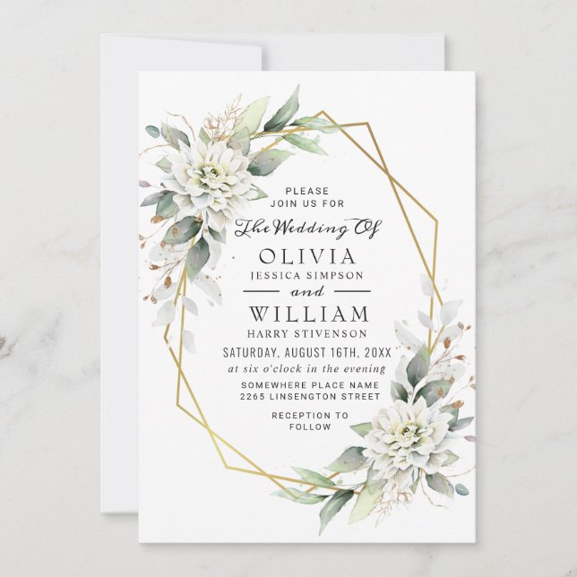 Elegant Green Golden Watercolor Greenery Wedding Invitation (Front)
