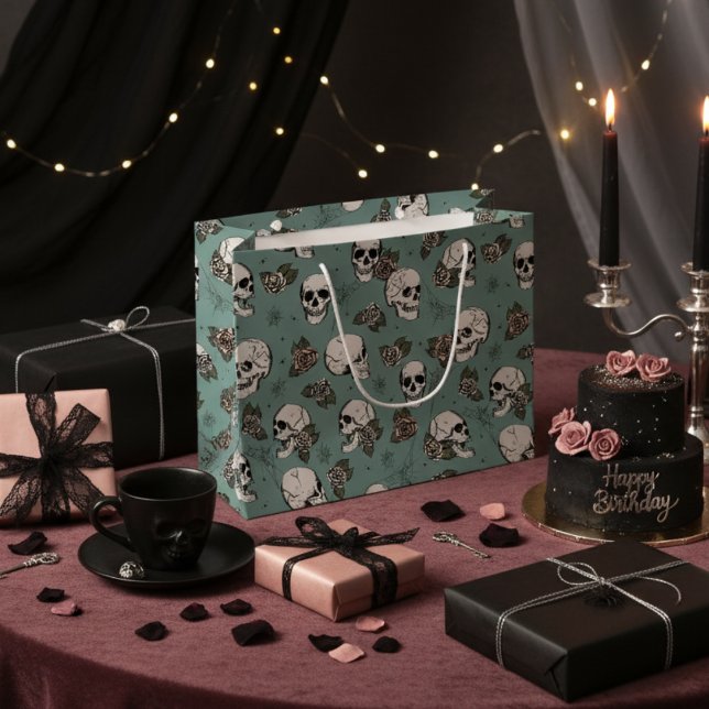 Elegant Green Gothic Skulls and Roses Halloween Large Gift Bag (Elegant Skull and Roses Gothic Halloween Gift Bags for Her. Gothic Chic Style. Floral Skulls Pattern)