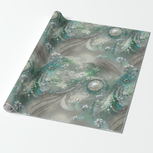 Elegant Green Gray and White Floral  Bejeweled Wrapping Paper