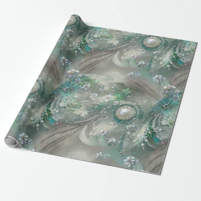 Elegant Green, Gray, and White Floral & Bejeweled Wrapping Paper (Unrolled)