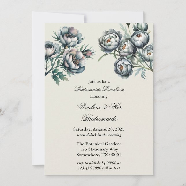 Elegant Green & Gray Bouquet Bridesmaids Luncheoen Invitation (Front)