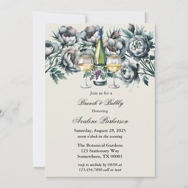 Elegant Green & Gray Bouquet Brunch and Bubbly Invitation (Front)