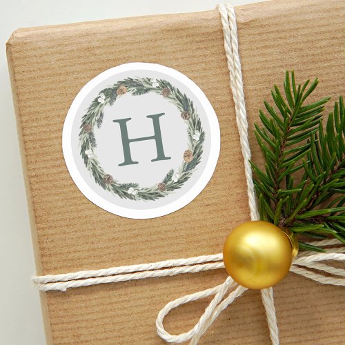 Elegant Green Gray Monogram Christmas Wreath Classic Round Sticker