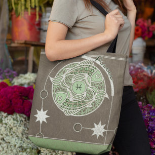 Elegant Green Gray Pisces Zodiac Sign Mandala Tote Bag