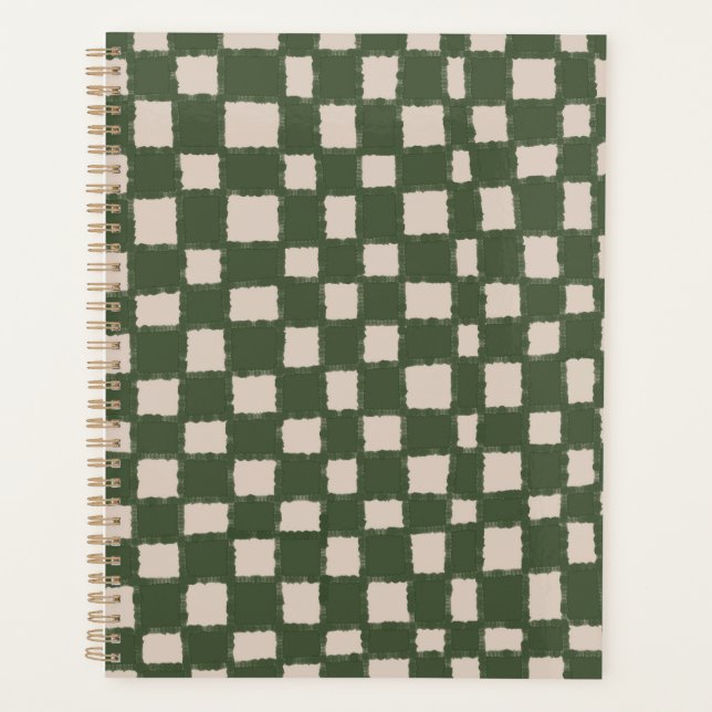 Elegant Green Grey Checkered Checkerboard Pattern Planner (Front)