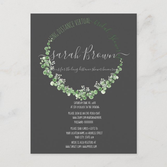 ELEGANT GREEN & GREY FOLIAGE VIRTUAL BRIDAL SHOWER POSTCARD (Front)