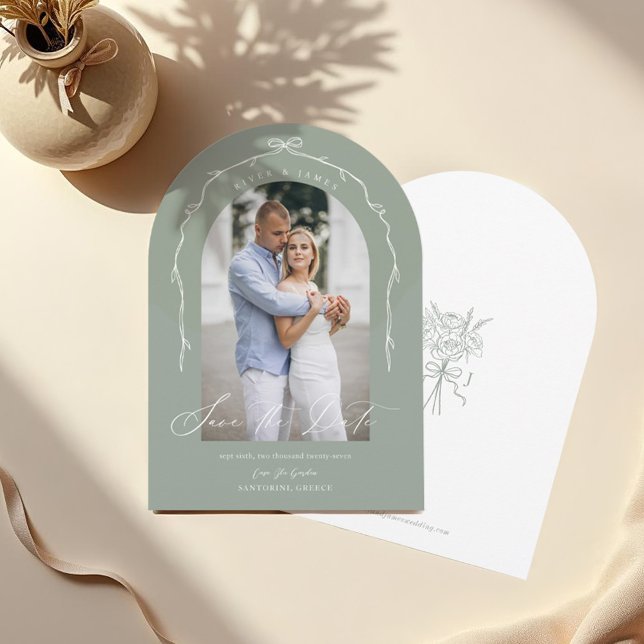 Elegant Green Hand Drawn Bow & Ribbon Arch Photo Save The Date (Elegant Green Hand Drawn Bow & Ribbon Arch Photo Save The Date)