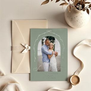 Elegant Green Hand Drawn Bow Ribbon Save The Date Foil Invitation