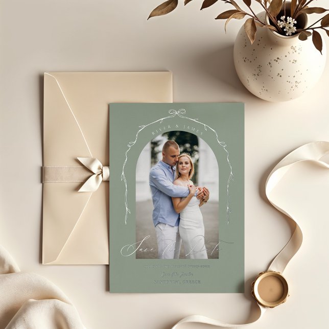 Elegant Green Hand Drawn Bow Ribbon Save The Date Foil Invitation (Elegant Green Hand Drawn Bow Ribbon Save The Date Foil Invitation)