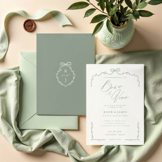 Elegant Green Hand Drawn Bow & Ribbon Wedding Invitation