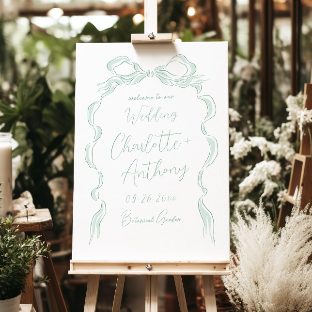 Elegant Green Hand Drawn Bow Wedding Welcome Sign (Elegant Green Hand Drawn Bow Wedding Welcome Sign)