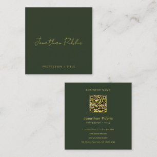 Elegant Green Handwritten Script Gold Text QR Code Square Business Card
