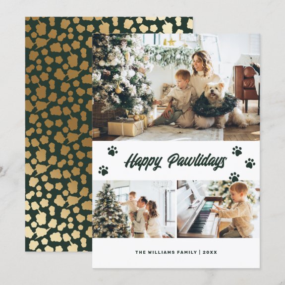 Elegant Green Happy Pawlidays Gold Stars Photo Christmas Card