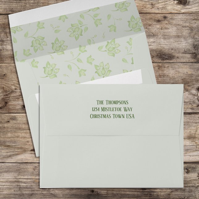 Elegant Green Holiday Floral Matching 5x7 Envelope (Green floral simple envelope. )