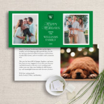 Elegant Green Holiday Monogram Photo Card