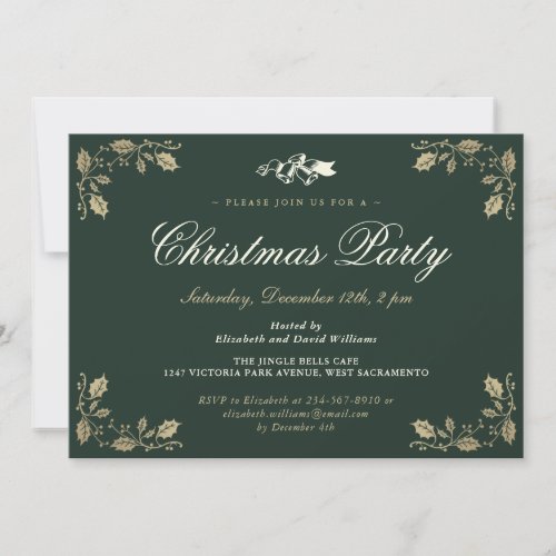 Elegant Green Holly Bells Christmas Holiday Party Invitation