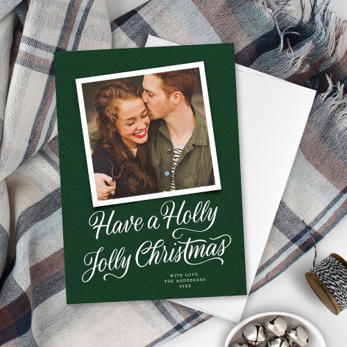 Elegant Green Holly Jolly Christmas Script Photo Holiday Card