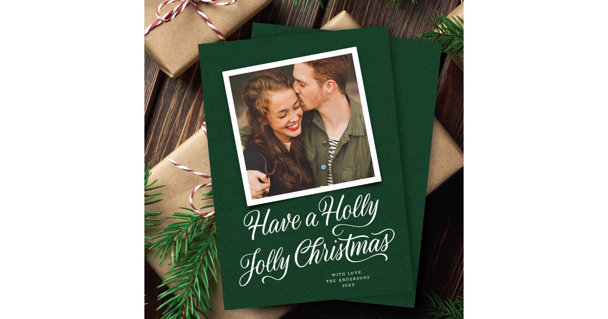 Jolly Christmas Script Elegant Green Holly Jolly Christmas Script Photo Holiday Card | Zazzle
