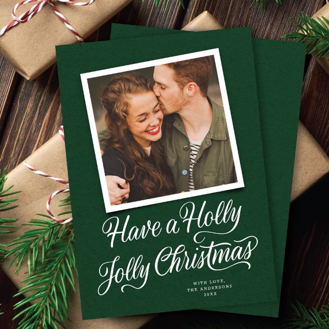 Elegant Green Holly Jolly Christmas Script Photo Holiday Card (Creator Uploaded)