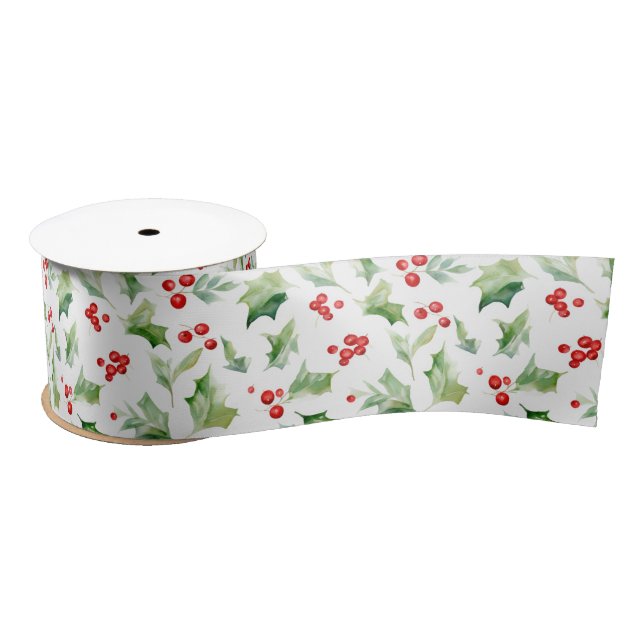 Elegant Green Holly Leaves Red Berries  Satin Ribbon (Spool)