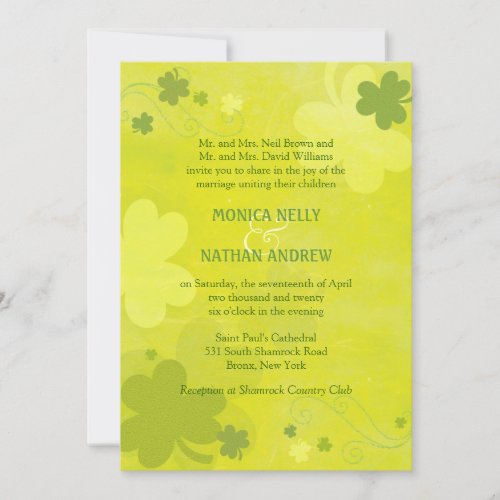 Elegant Green Irish Shamrocks Wedding Invitation