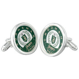 Elegant Green & Ivory Monogram Crest Groomsman Cufflinks