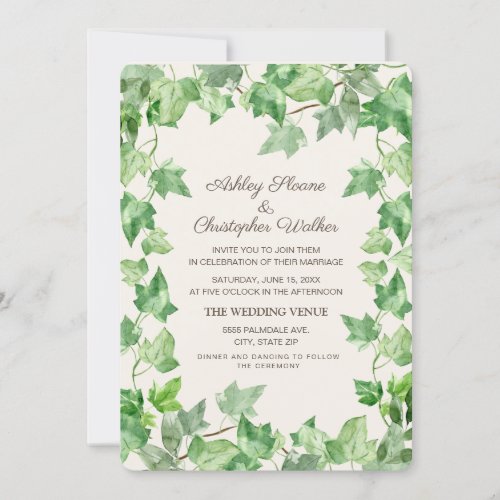 Elegant Green Ivy Leaves Cream Wedding Invitation
