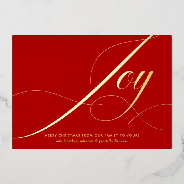 Elegant Green Joy Script Gold Foil Christmas Card (Front)