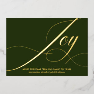 Elegant Green Joy Script Gold Foil Christmas Card