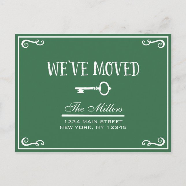 Elegant Green Key Moving Announcement Postcard (Front)