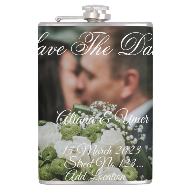 Elegant  green kiss save the date  flask (Front)