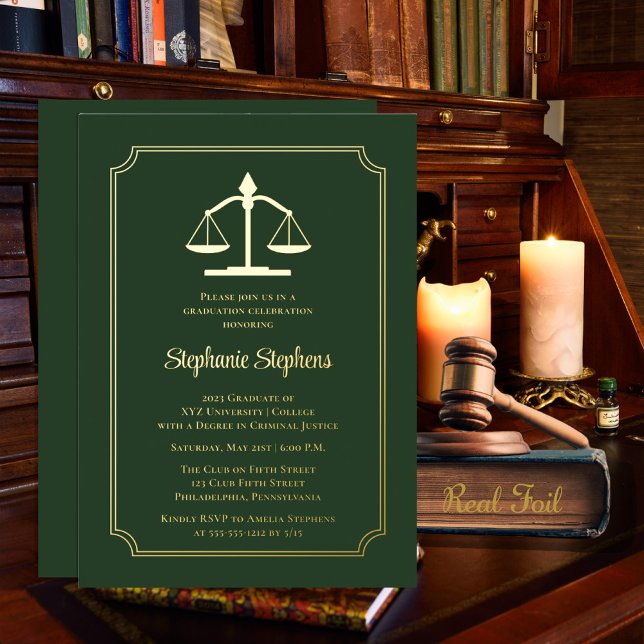 Elegant Green Law Attorney Graduation Party Foil Invitation (Creator Uploaded)