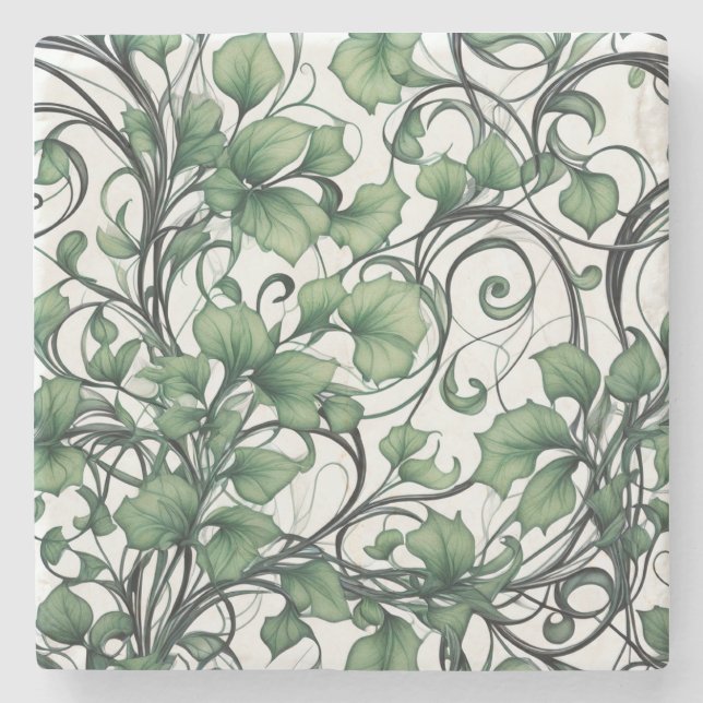 Elegant Green Leaf and Vine Pattern Stone Coaster (Front)