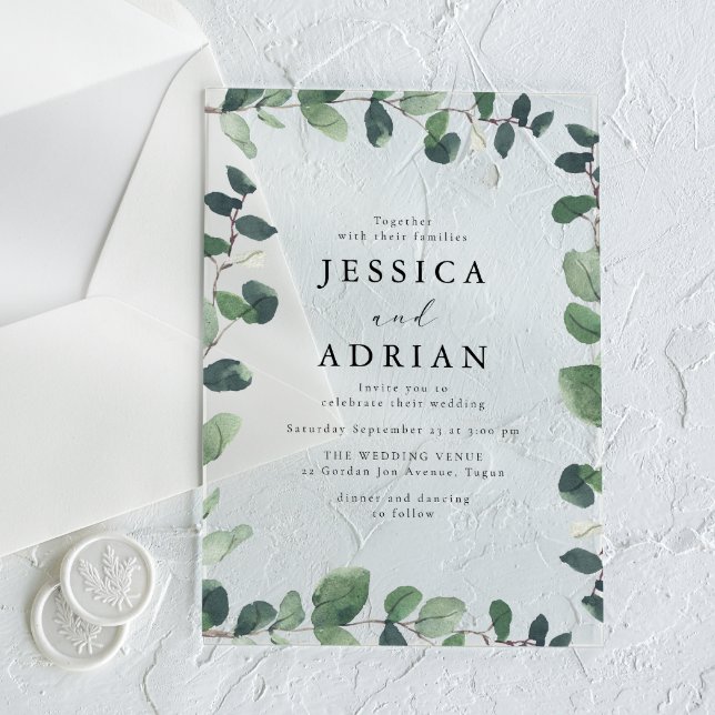 Elegant Green Leaf Border Modern Wedding Acrylic Invitations (Creator Uploaded)