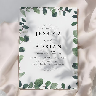 Elegant Green Leaf Border Modern Wedding Invitation
